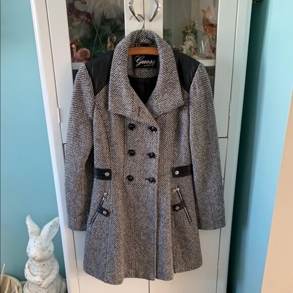 Guess Black and White Tweed Coat sz M euc - Picture 1 of 11